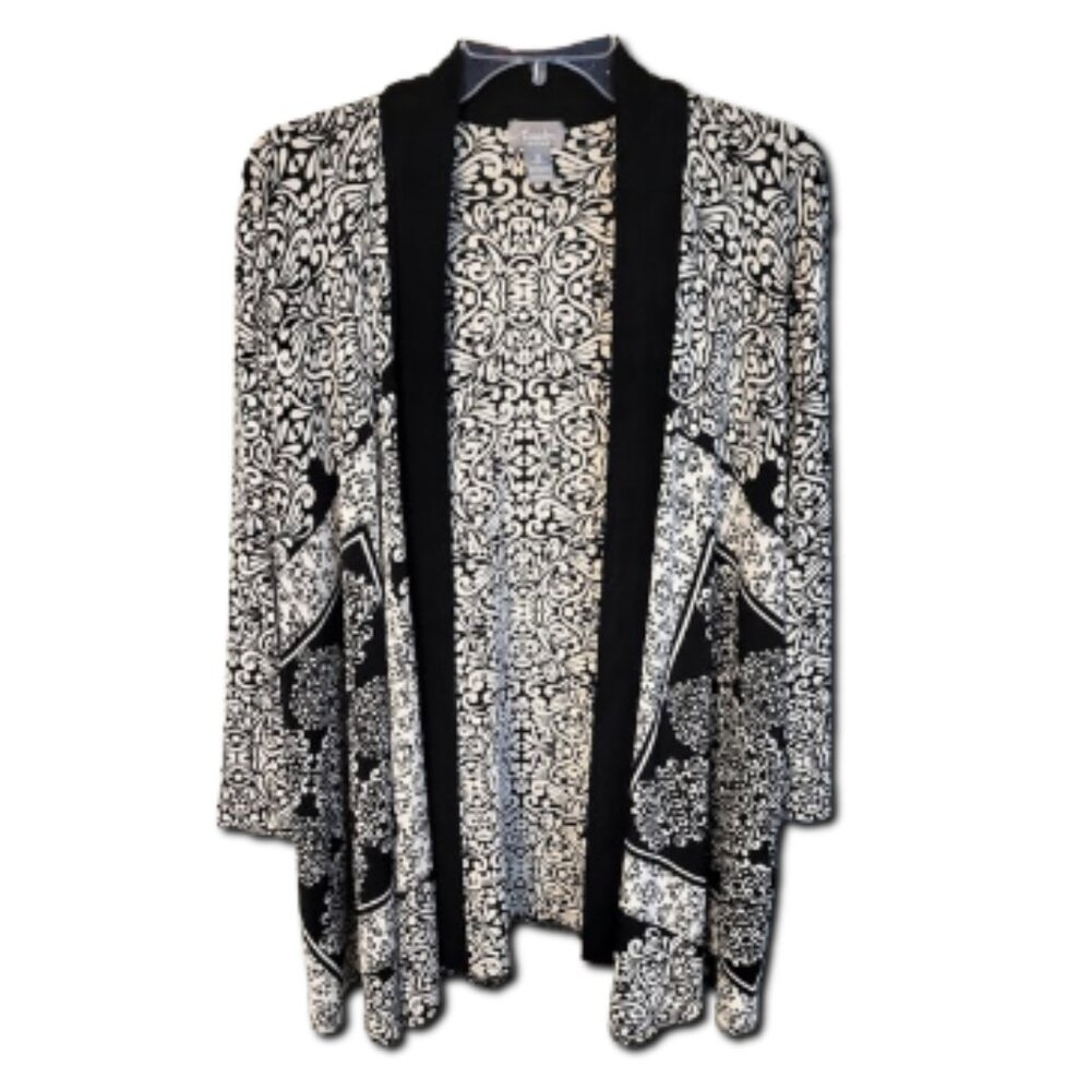 CHICO'S TRAVELERS Black & White Open Front Paisley Cardigan - Women's 3 (XL-16)
